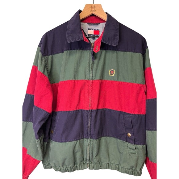 Vintage Tommy Hilfiger Men's Full Zip Jacket Stripe Crest Logo 100% Cotton Small - Picture 2 of 16